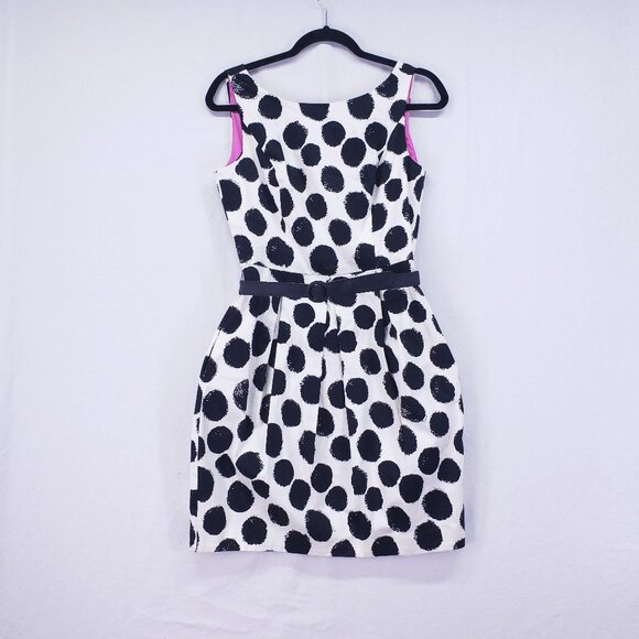 Eliza J Fit & Flare Dress Sz 6 Womans Black White Polka Dot Sleeveless Pleated - Picture 1 of 14